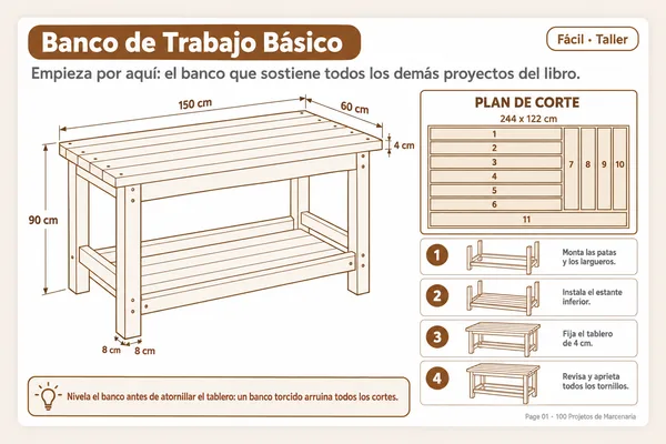 Ficha del banco de trabajo con medidas y plan de corte